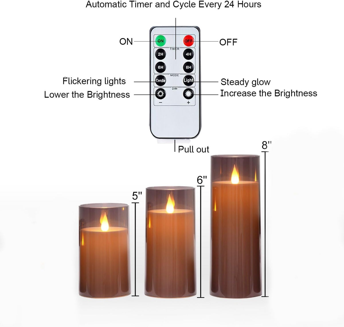 Gray Flickering Flameless Candles, Battery Operated Acrylic LED Pillar Candles with Remote Control and Timer, Halloween Decor, Set of 9