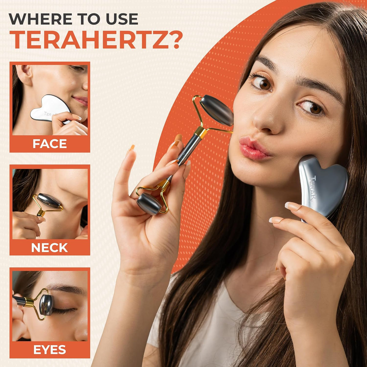 ® Terahertz Gua Sha & Facial Roller Set – 100% Authentic Terahertz Stone Face Roller to Reduce Puffiness, Improve Wrinkle Lines & Relieve Facial Tension – Perfect for Eye Massage and Relaxation