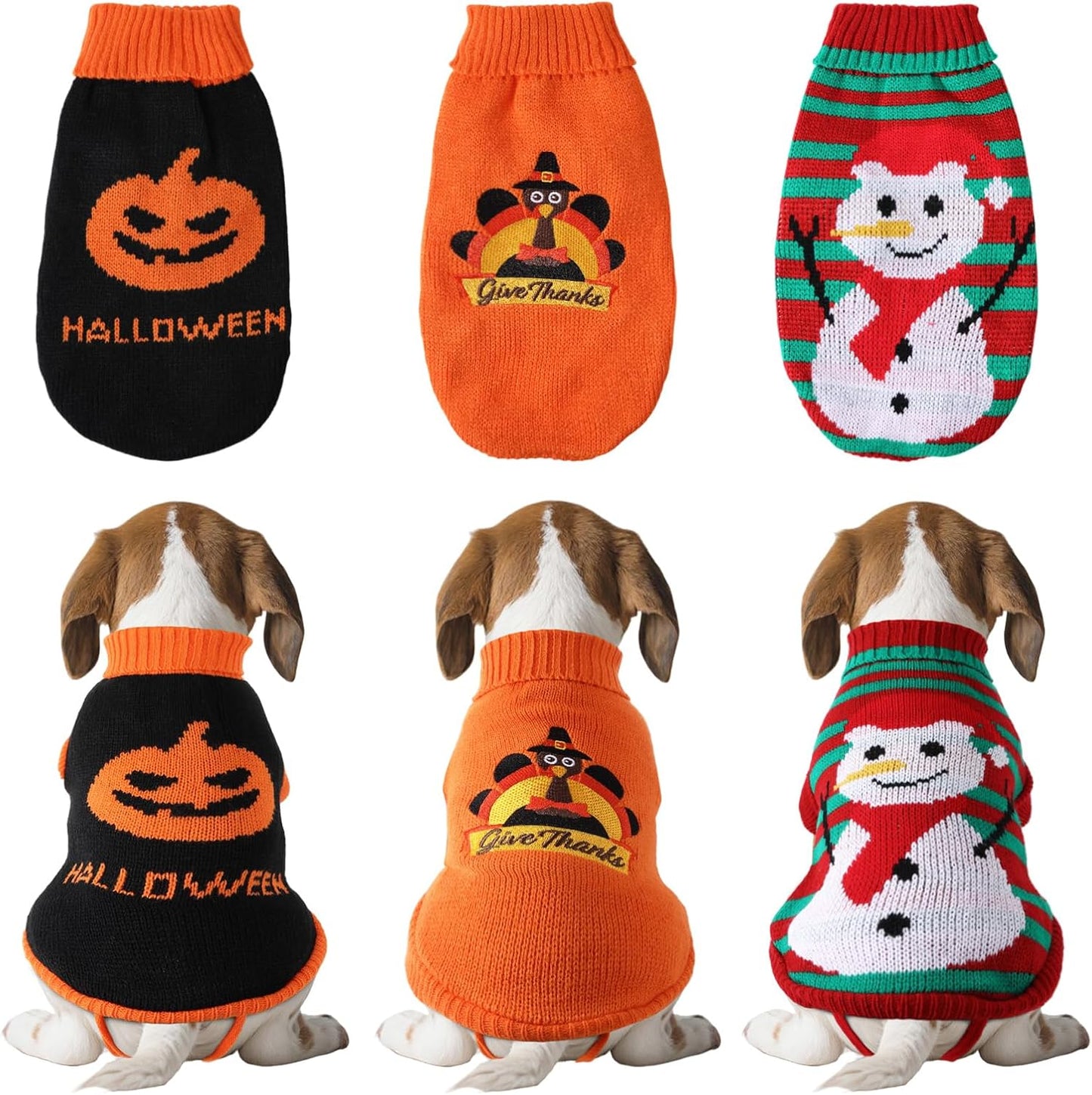 3 Pack Halloween Thanksgiving Christmas Dog Cat Sweaters Sets Dogs Fall Clothes Pumpkin Turkey Snowman Dog Cat Knit Sweaters Pets Costumes for Holiday Dogs Cats Pets(Medium)