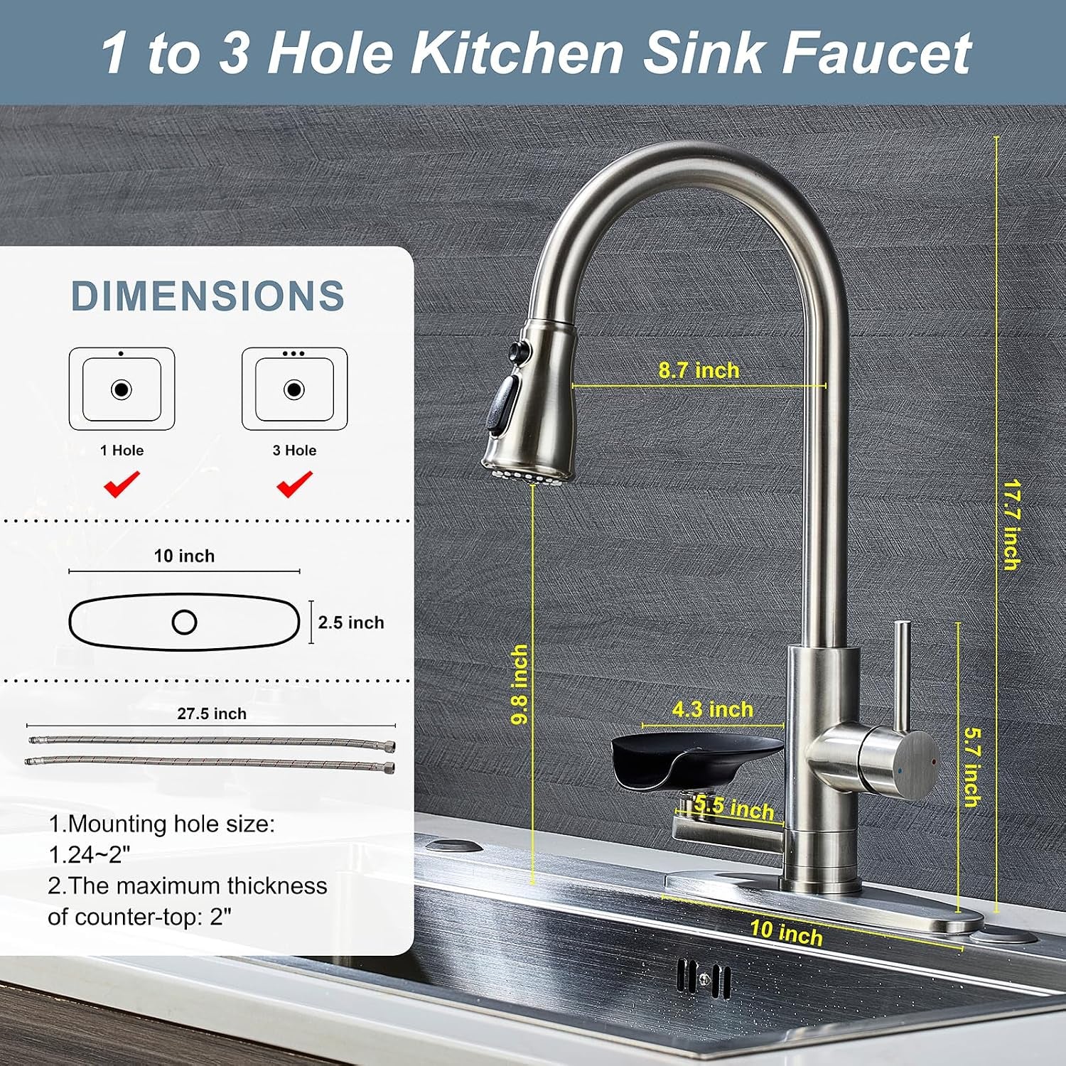 Brushed Nickel Kitchen Faucet with Glass Rinser, Pull down Sprayer with 3 Water Modes, Single Handle Stainless Steel Kitchen Sink Faucet with Deck Plate, Modern High Arc Design