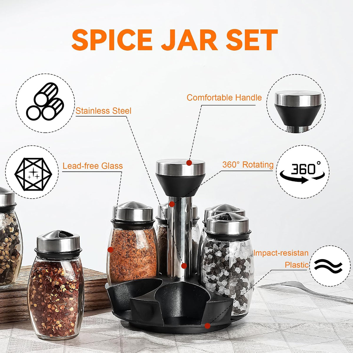 6 Pack Spinning Glass Spice Jars with Organizer Rack for Countertop