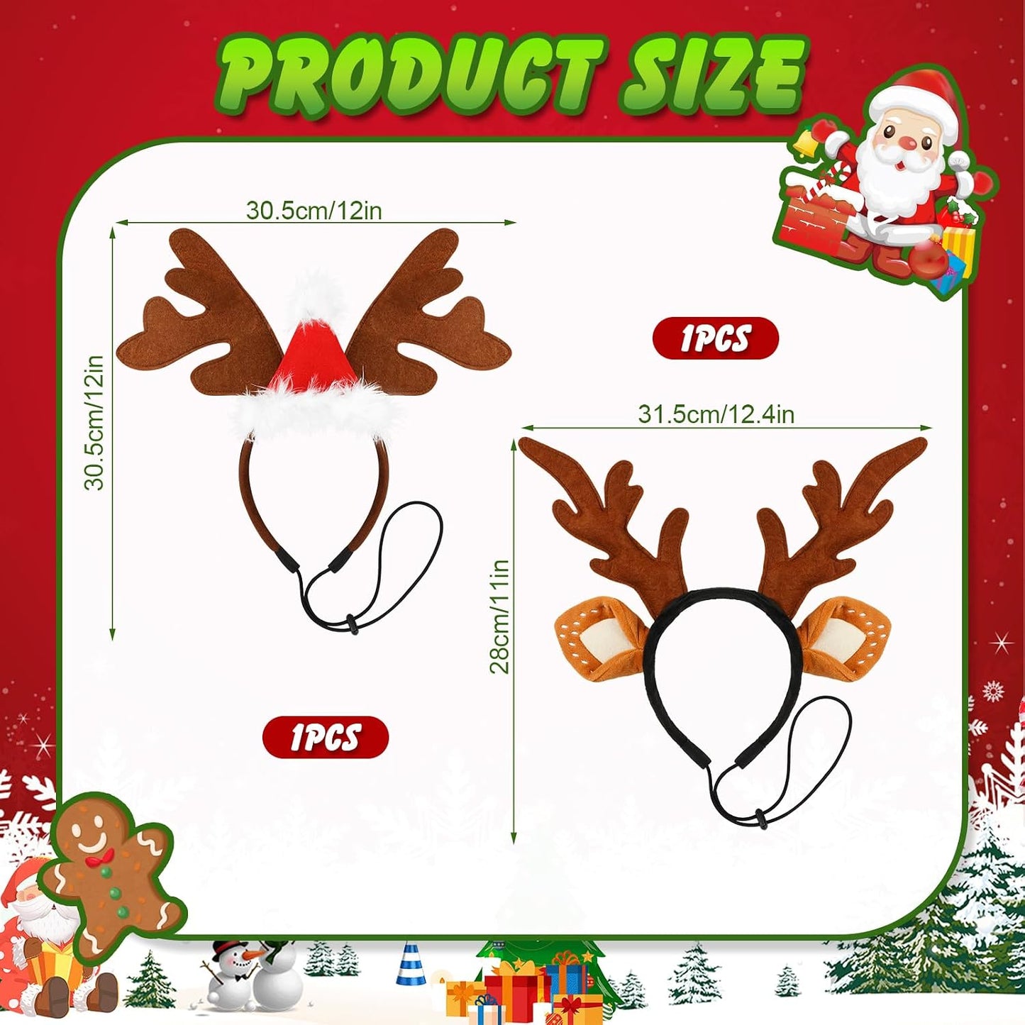 2 PCS Dog Elk Reindeer Antler Headband with Santa Hat, Pet Christmas Reindeer Antlers Headband with Adjustable Elastic Band, Xmas Elk Headwear Pet Costumes Accessories for Medium Large Dogs