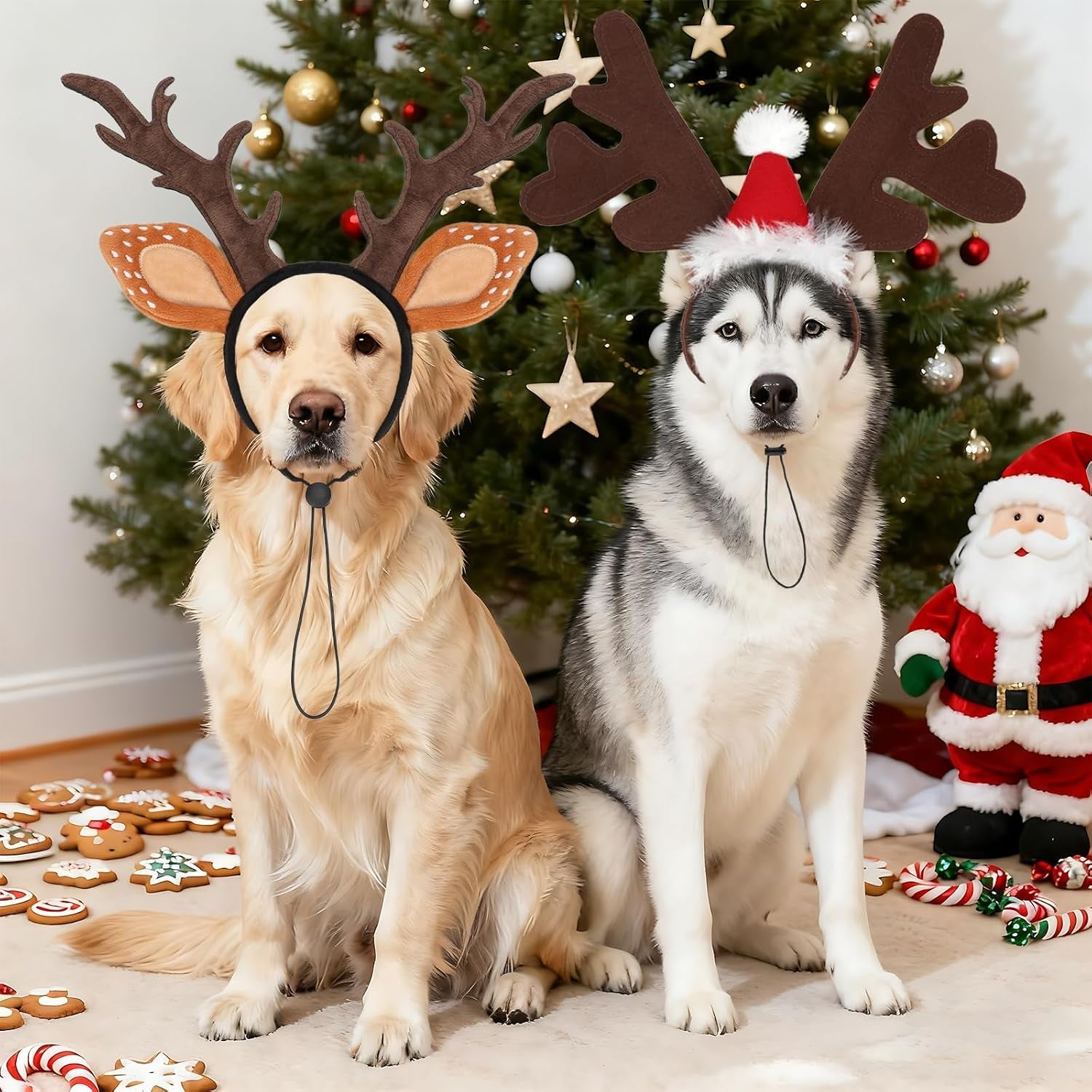 Dog Reindeer Antlers Headbands with Santa Hat, Pet Christmas Costume