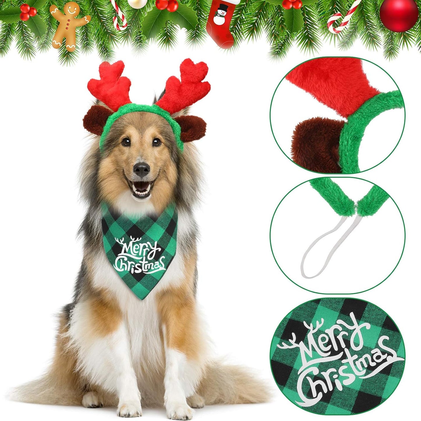 4 Pcs Christmas Dog Costume Santa Hat Reindeer Antler, Vivid Style