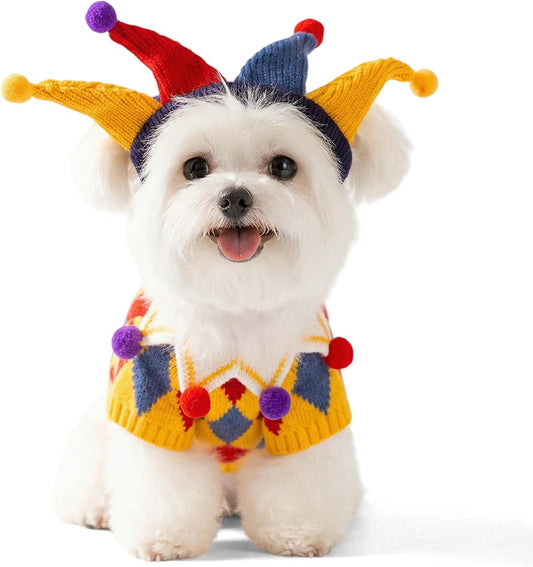Dog Halloween Sweater Pet Circus Clown Costume with Joker Hat,Xl