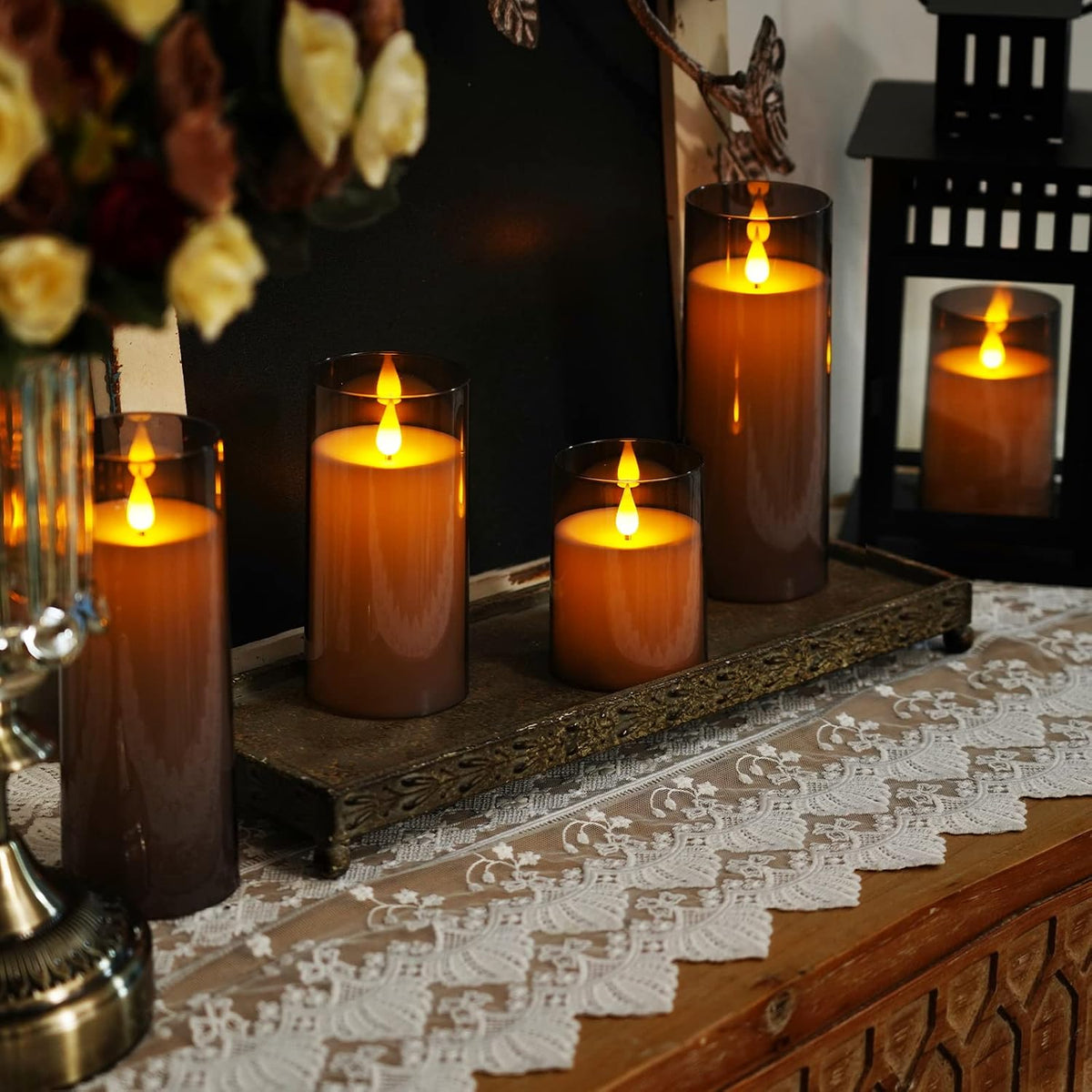 Gray Flickering Flameless Candles, Battery Operated Acrylic LED Pillar Candles with Remote Control and Timer, Halloween Decor, Set of 9