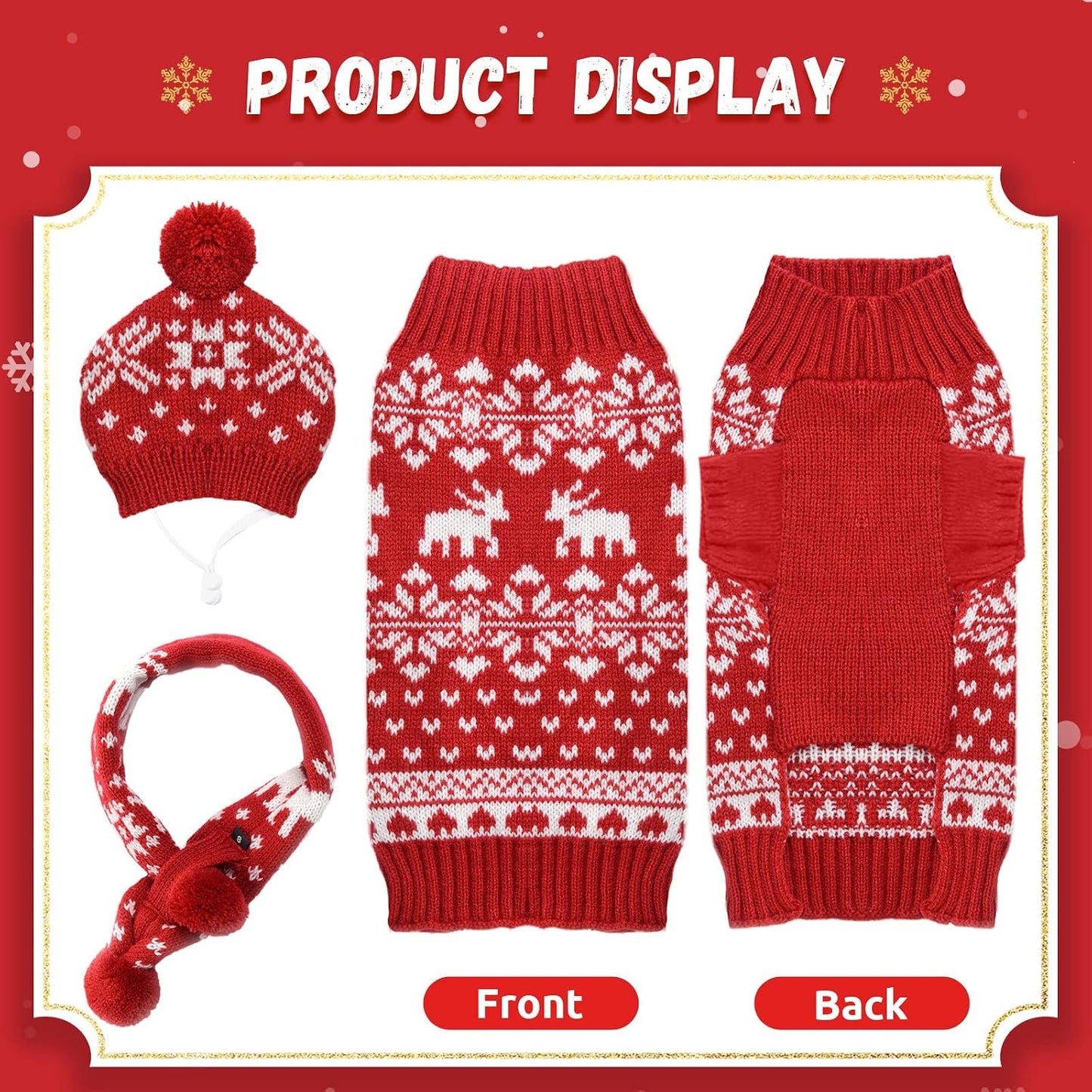 Dog Christmas Outfit 3 PCS Set Pet Xmas Sweater Hat Scarf Snowflake Christmas Dog Cat Sweaters Costume Winter Warm Small Dogs Clothes New Year Holiday Puppy Clothing (Scarf + Hat + Sweater,L)