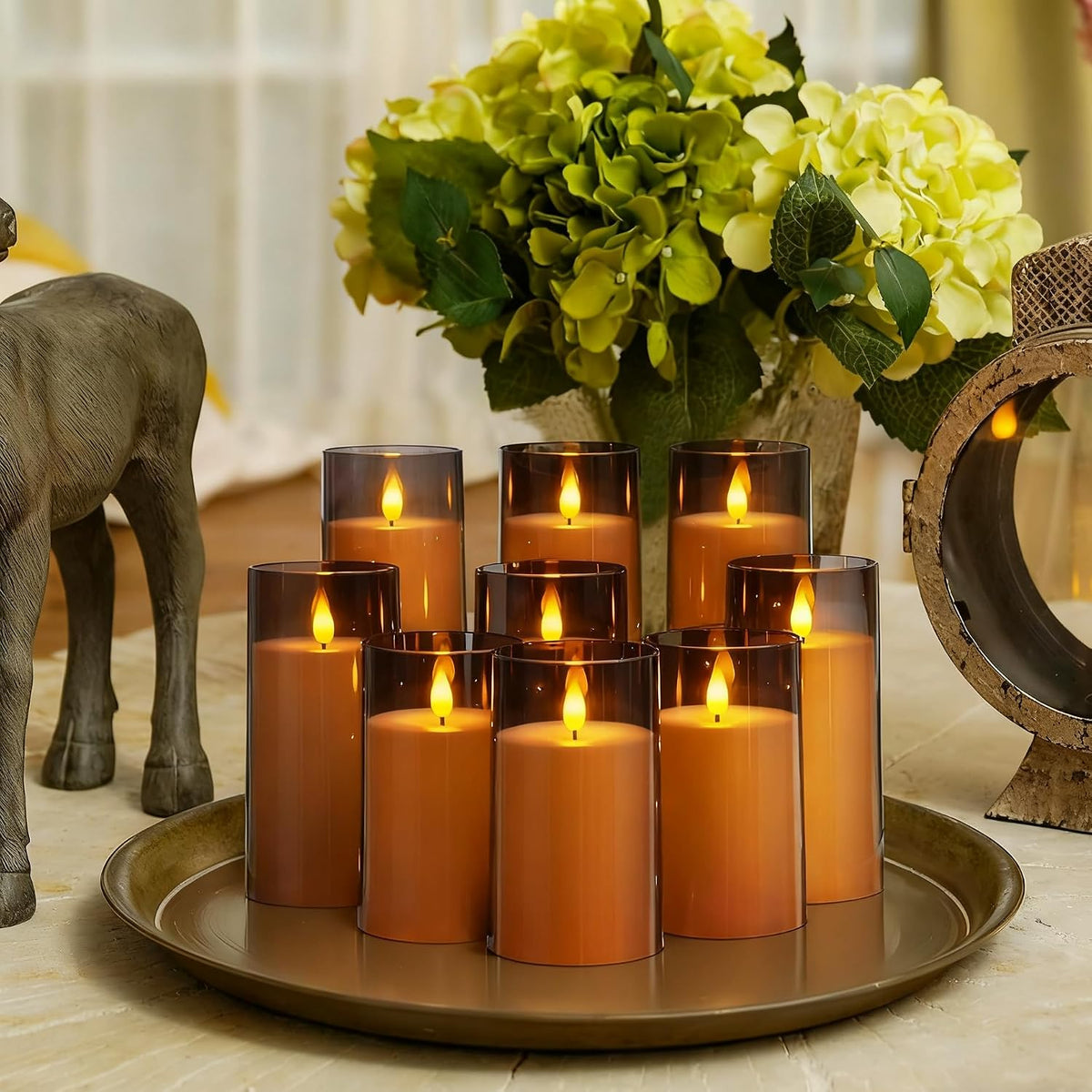 Gray Flickering Flameless Candles, Battery Operated Acrylic LED Pillar Candles with Remote Control and Timer, Halloween Decor, Set of 9