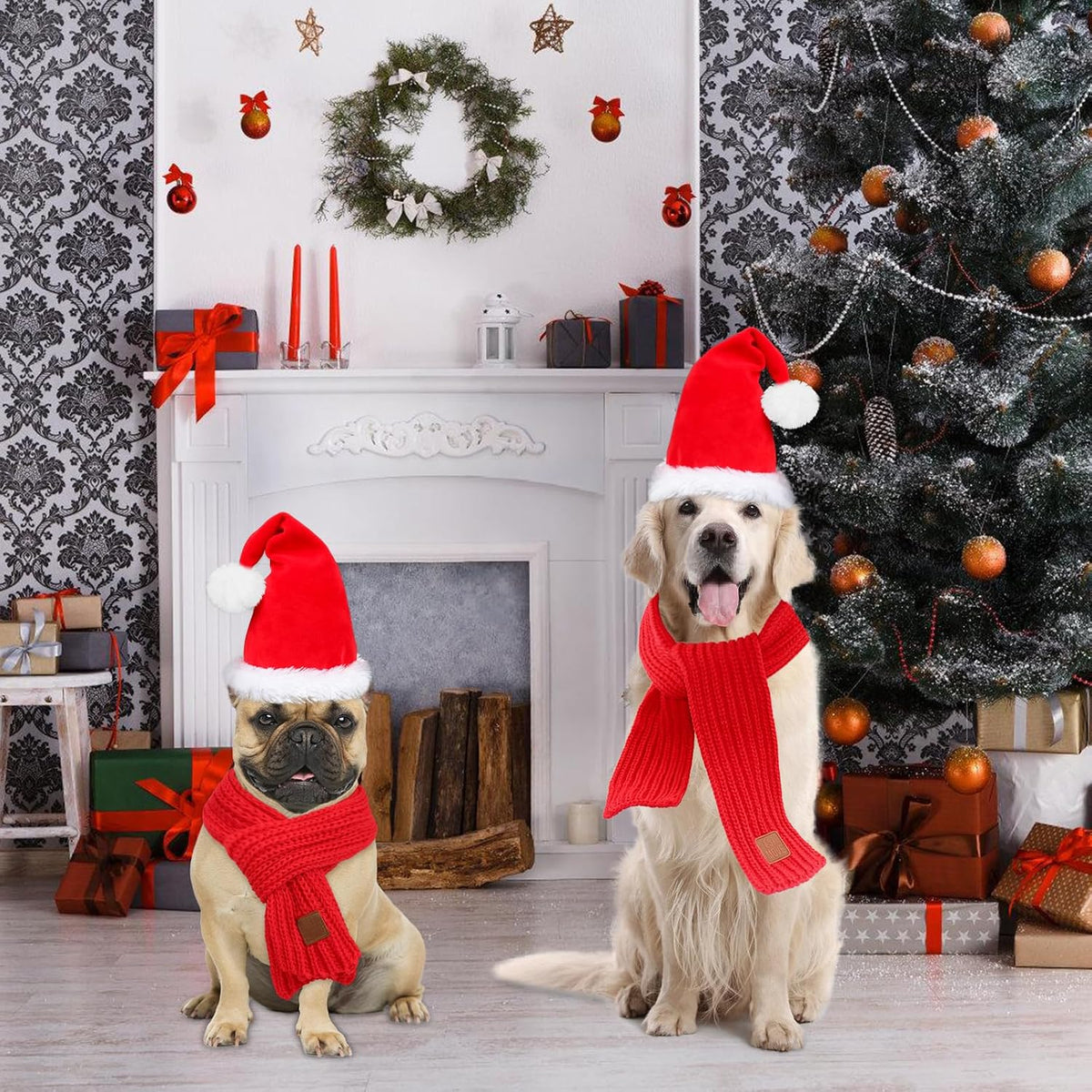 Dog Santa Hat and Scarf, Christmas Dog Costumes for Small Dogs & Cats