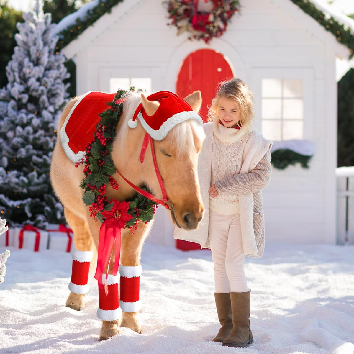 6 Pcs Christmas Holiday Santa Leg Wraps with Faux Fur Trim Holiday Santa Horse Hat All Purpose Santa Saddle Pad for Christmas Horse Costume Accessories