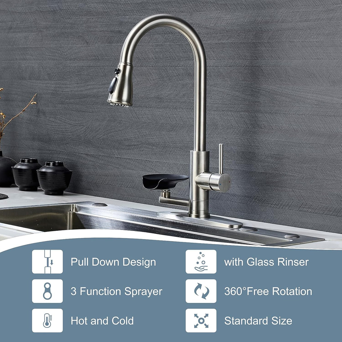 Brushed Nickel Kitchen Faucet with Glass Rinser, Pull down Sprayer with 3 Water Modes, Single Handle Stainless Steel Kitchen Sink Faucet with Deck Plate, Modern High Arc Design