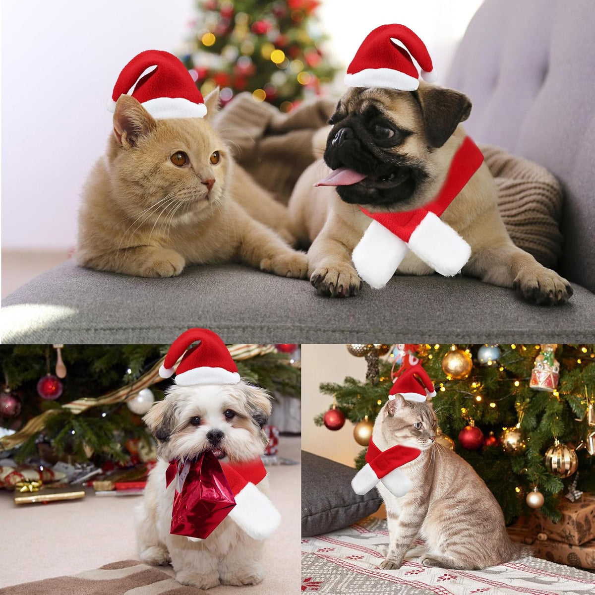 6 Pcs Christmas Santa Hat with Scarf Pet Costume Set Holiday Outfit Costumes Pets Santa Hat Scarf Set for Pet Small Cat Dog Puppy Christmas Party Costume Dress up Supplies