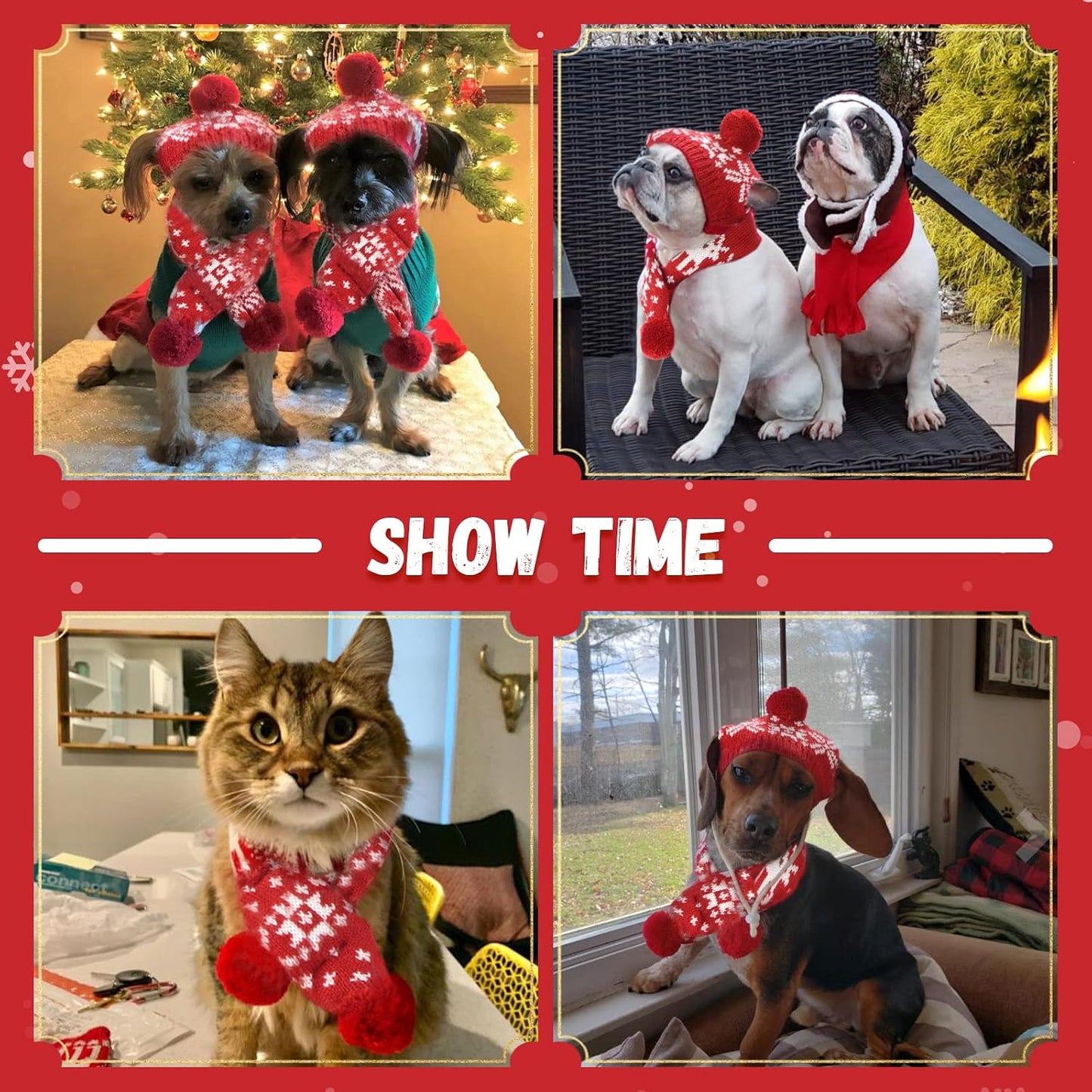 Dog Christmas Outfit 3 PCS Set Pet Xmas Sweater Hat Scarf Snowflake Christmas Dog Cat Sweaters Costume Winter Warm Small Dogs Clothes New Year Holiday Puppy Clothing (Scarf + Hat + Sweater,L)