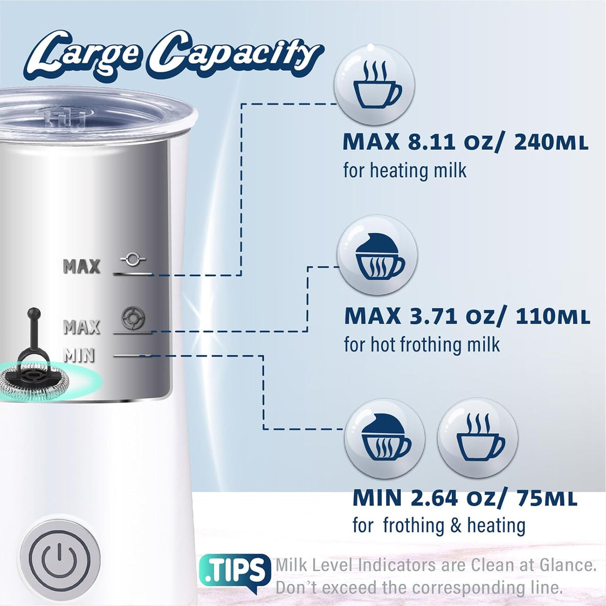 Milk Frother Simple Milk Frother and Steamer 2-In-1 Milk Steamer with Hot Milk Foam and Hot Milk for Latte, Macchiato, Cappuccinos, White （Medium）