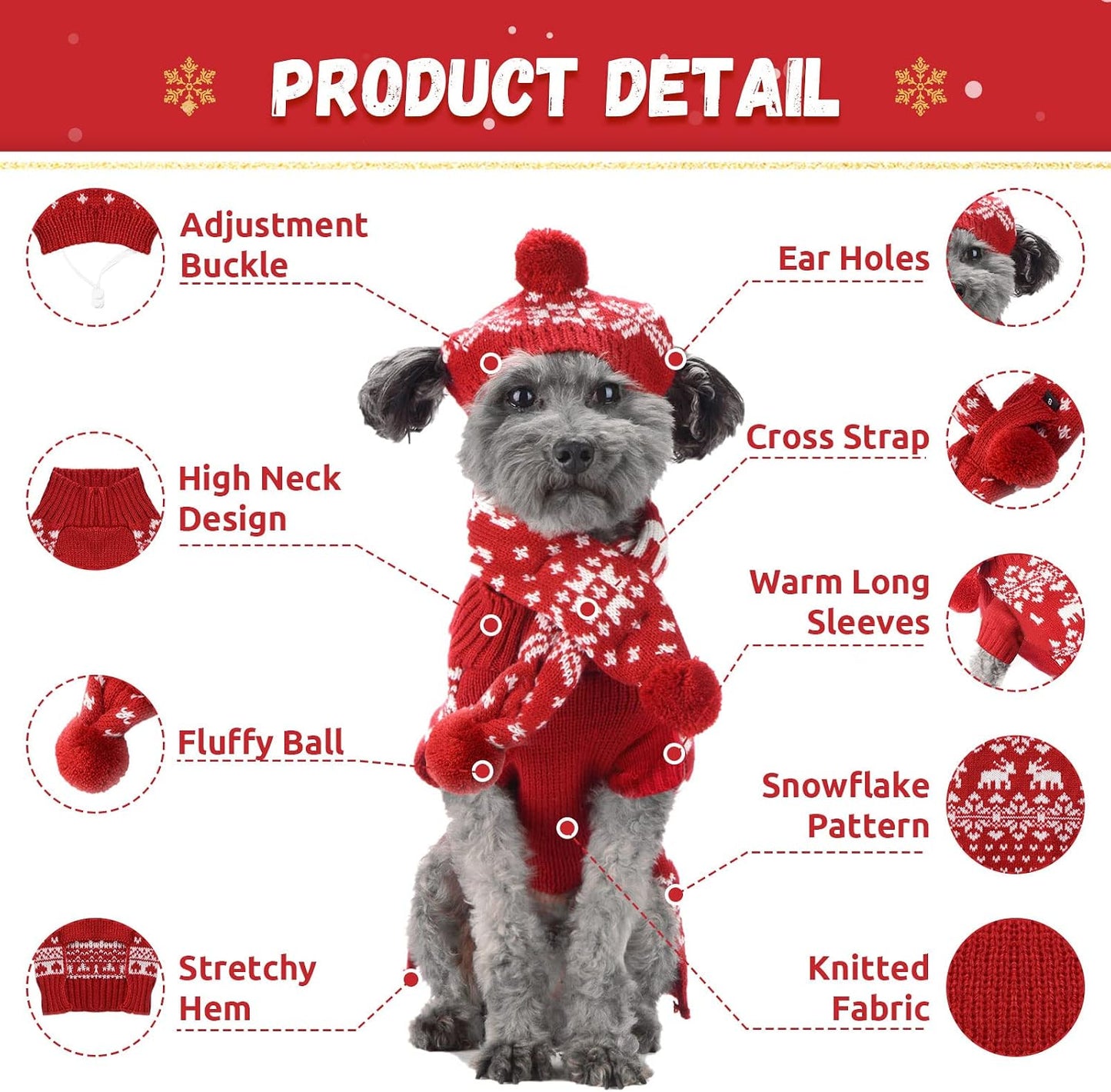 Dog Christmas Outfit 3 PCS Set Pet Xmas Sweater Hat Scarf Snowflake Christmas Dog Cat Sweaters Costume Winter Warm Small Dogs Clothes New Year Holiday Puppy Clothing (Scarf + Hat + Sweater,L)