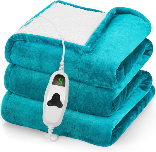 Heated Blanket Electric Throw 50"X60", Heating Blanket with 10 Heat Levels 8 Hours Auto-Off,Fleece Soft Christmas Blanket, Gifts for Grandma Seniors Mom, Lake Blue