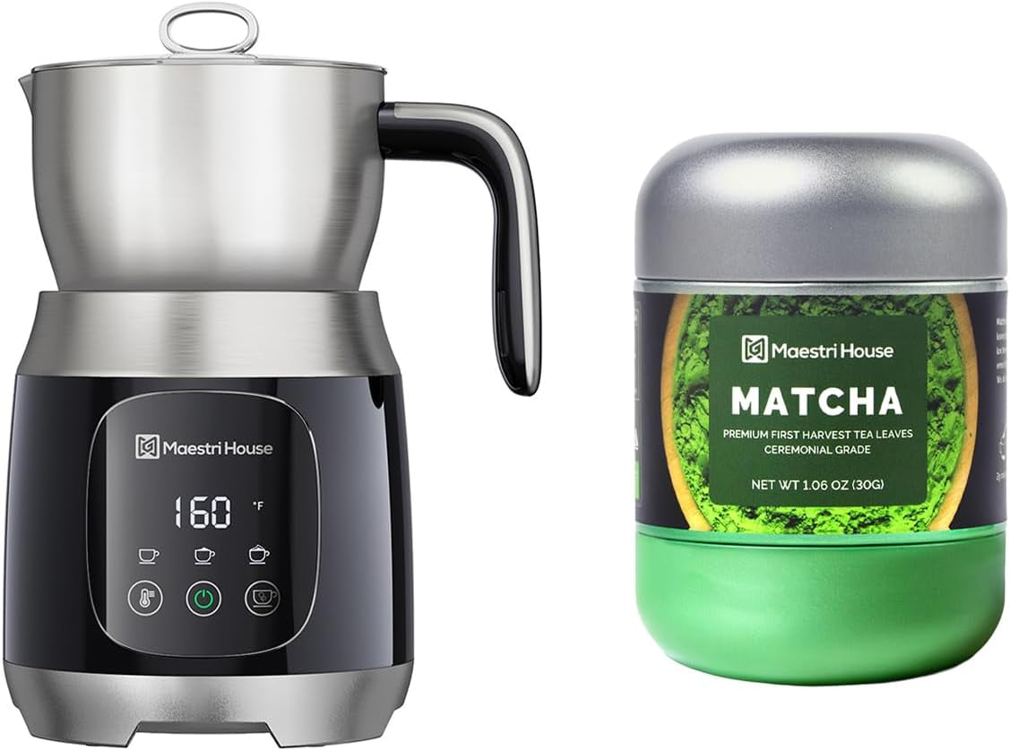 Variable Temp and Froth Thickness Dualfro 600 Milk Frother Steamer Black+ Matcha Powder