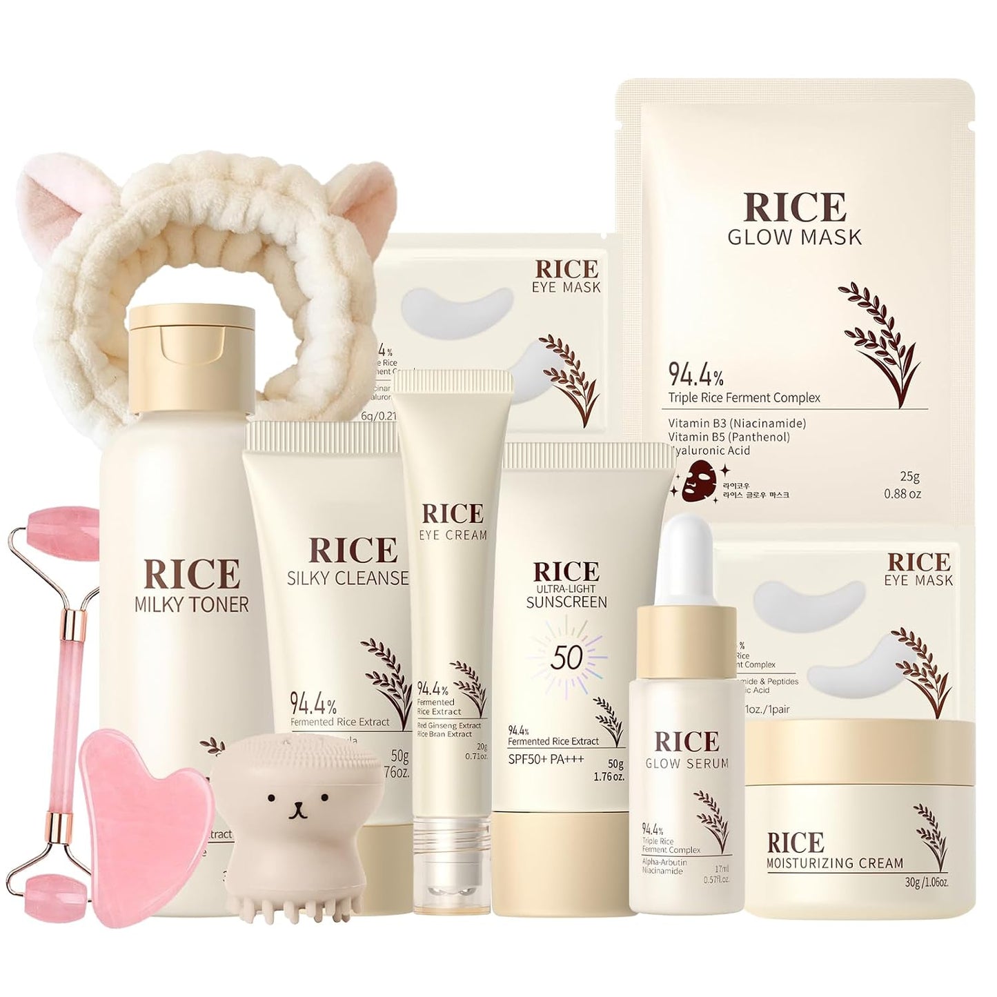 13PCS Rice Korean Skin Care Set, Korean Skincare Set, Korean Skin Care Kit - Rice Cleanser, Toner, Serum, Cream, Mask, Gua Sha & Headband, Gentle Skincare for Girls 10-12