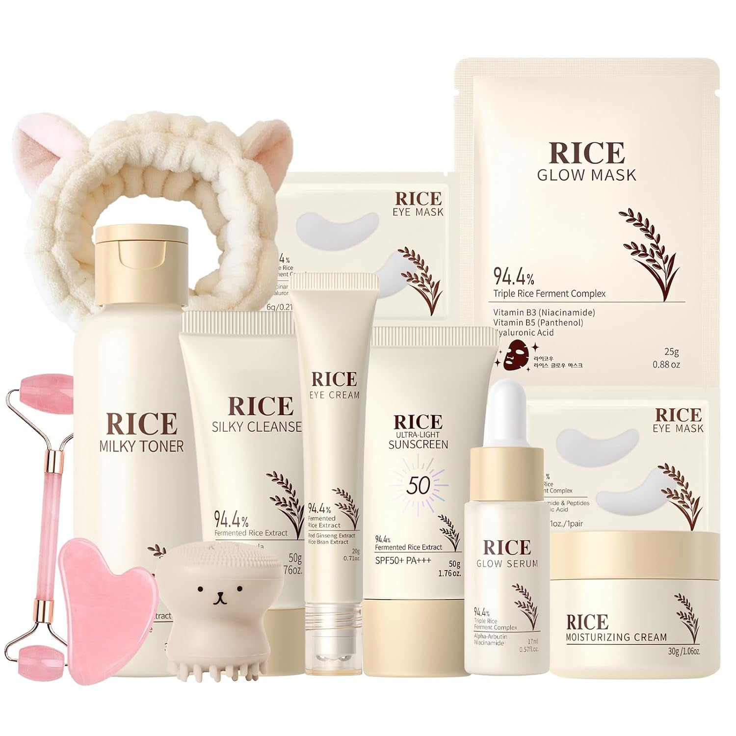 13PCS Rice Korean Skin Care Set, Korean Skincare Set, Korean Skin Care Kit - Rice Cleanser, Toner, Serum, Cream, Mask, Gua Sha & Headband, Gentle Skincare for Girls 10-12