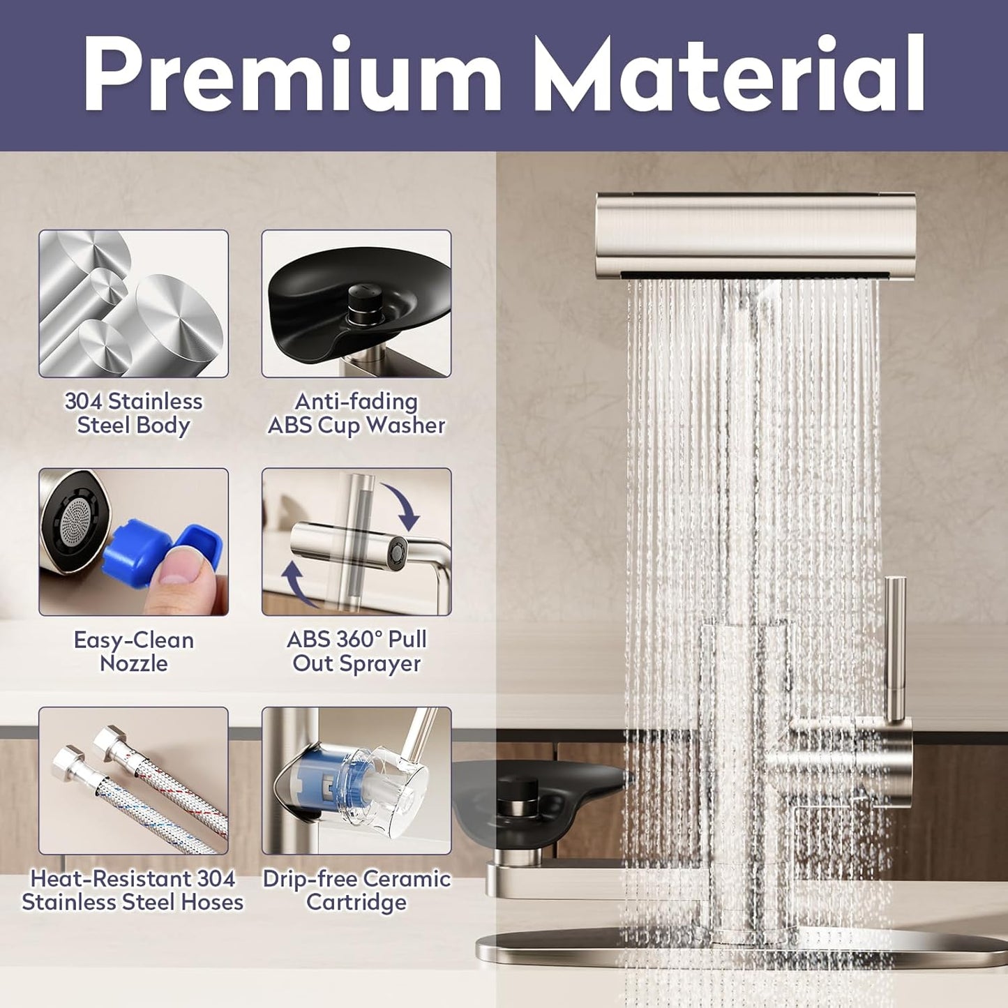 Brushed Nickel Kitchen Faucet with Pull down Sprayer & Cup Washer