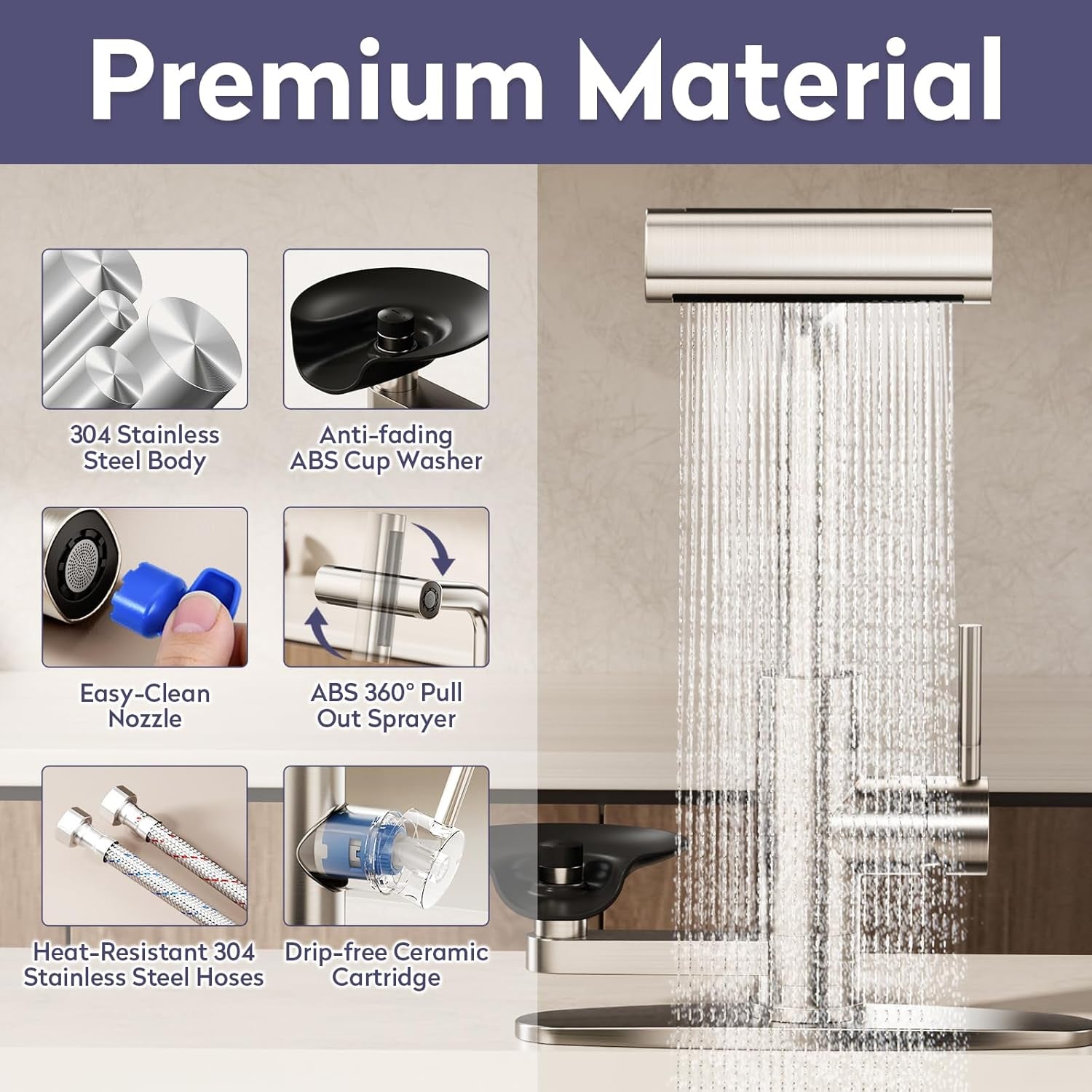 Brushed Nickel Kitchen Faucet with Pull down Sprayer & Cup Washer