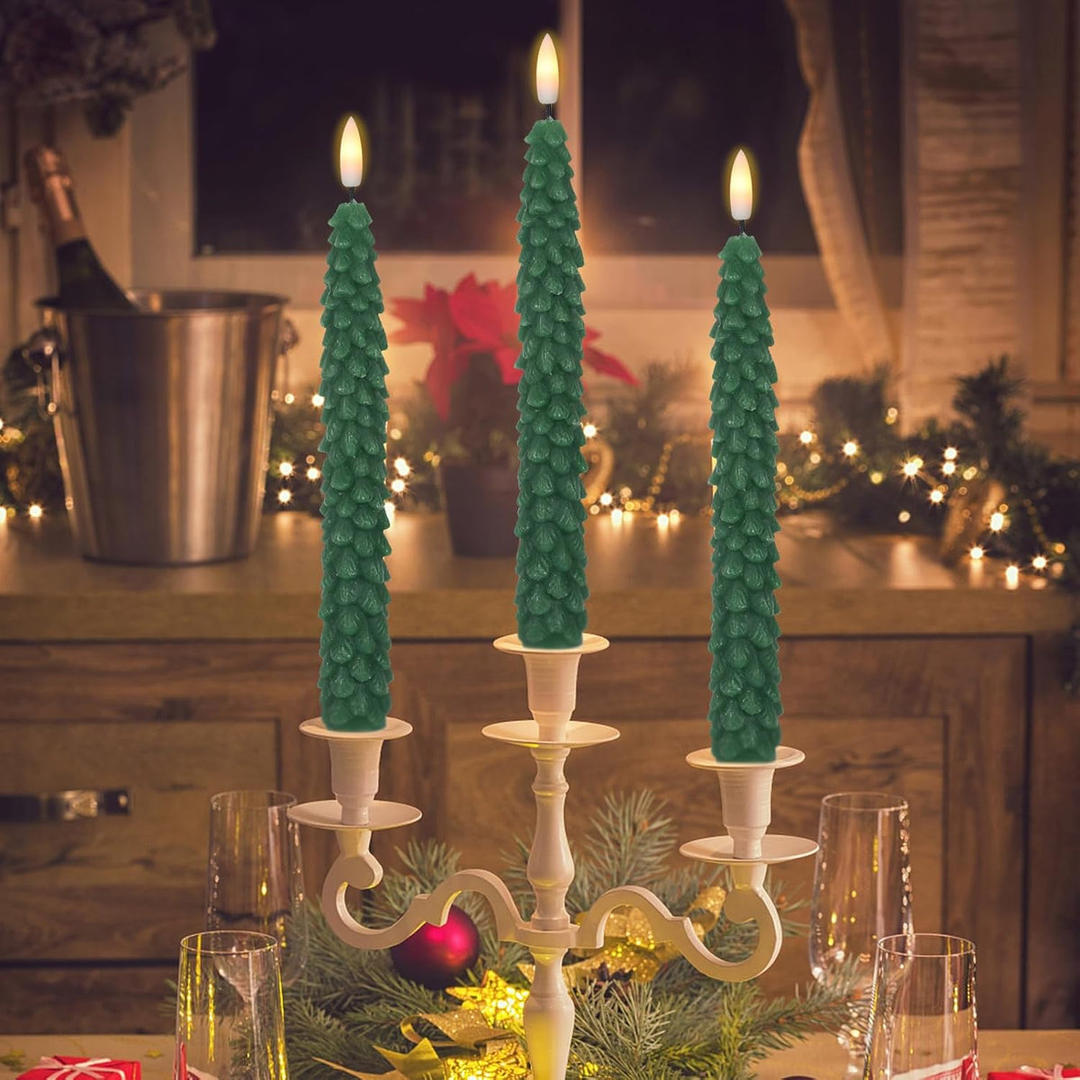 Christmas Tree Flameless Taper Candles Candlesticks Remote Timer