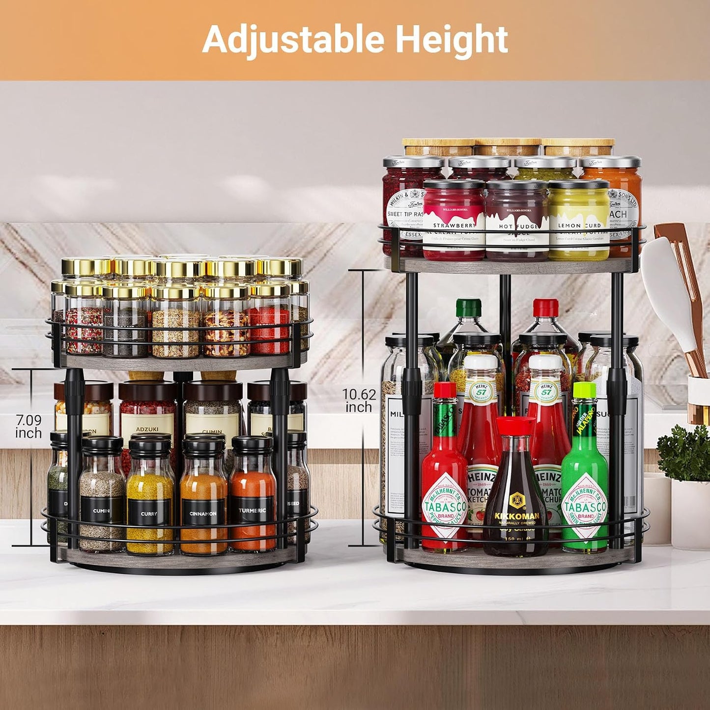Lazy-Susan-Organizer-Spice-Rack, Rotating Spice Organizer for Cabinet Pantry, Seasoning Holder Spice Shelf with Adjustable Height, Kitchen Counter Shelf Countertop Organizer