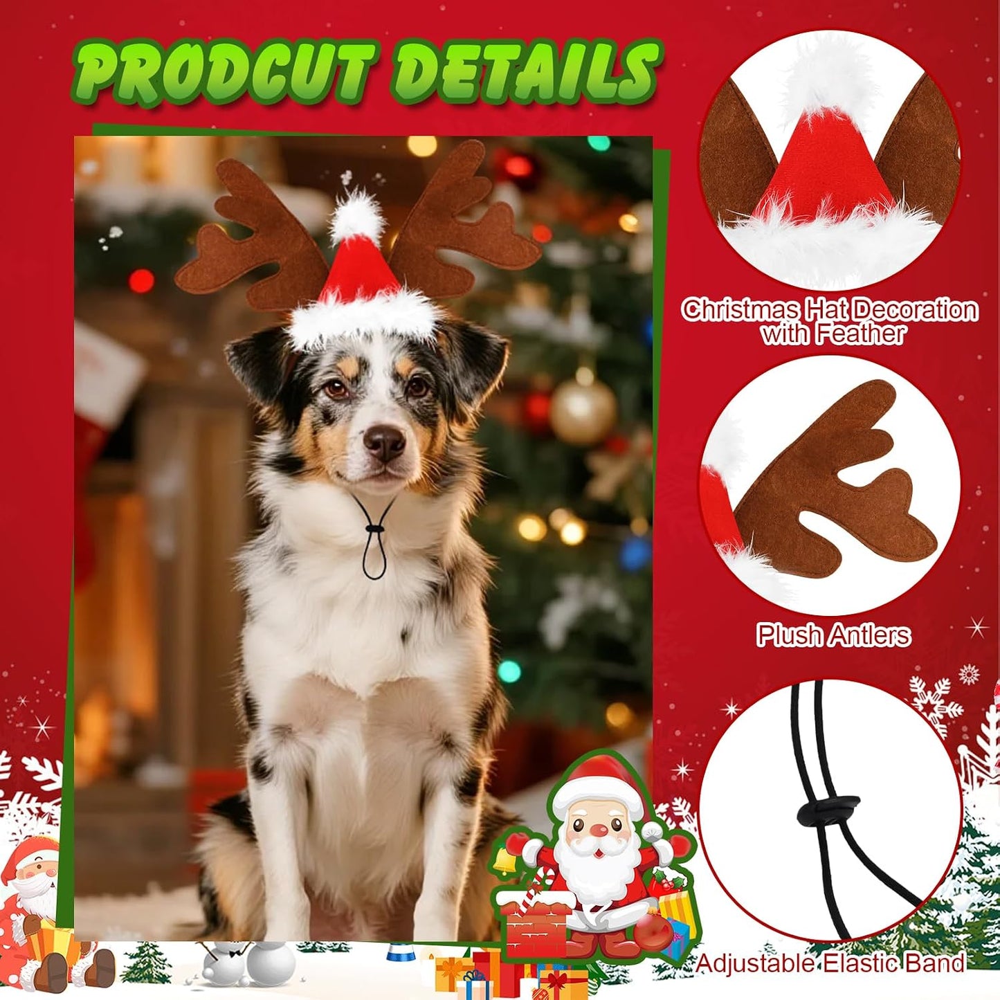 2 PCS Dog Elk Reindeer Antler Headband with Santa Hat, Pet Christmas Reindeer Antlers Headband with Adjustable Elastic Band, Xmas Elk Headwear Pet Costumes Accessories for Medium Large Dogs