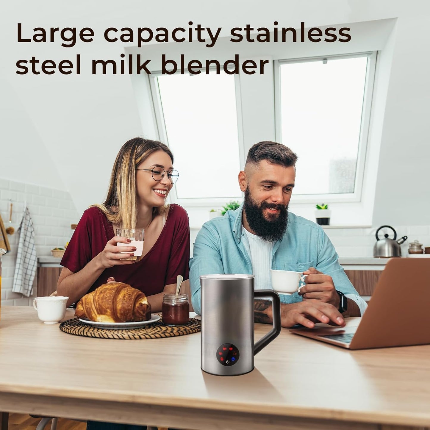 Milk Frother, 6-IN-1 Electric Milk Steamer, 20Oz/591Ml Hot & Cold Foam Maker for Latte & Cappuccino, 550W Fast Heating Stainless Steel Milk Steamer, Hot Chocolate Maker