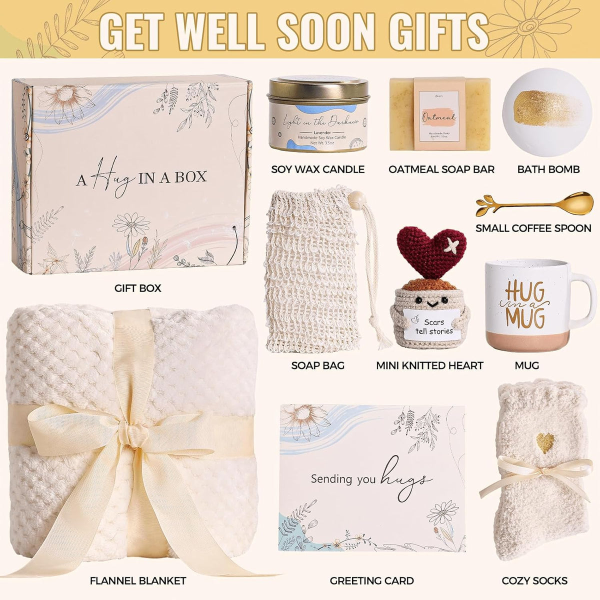 Get Well Gifts for Women Care Package Feel Better Gifts Baskets after Surgery Cancer Patients Miscarriage for Sick Friend Chemo Encouraging Pamper Comfort Wellness Hug Box for Her Self Care with Mug