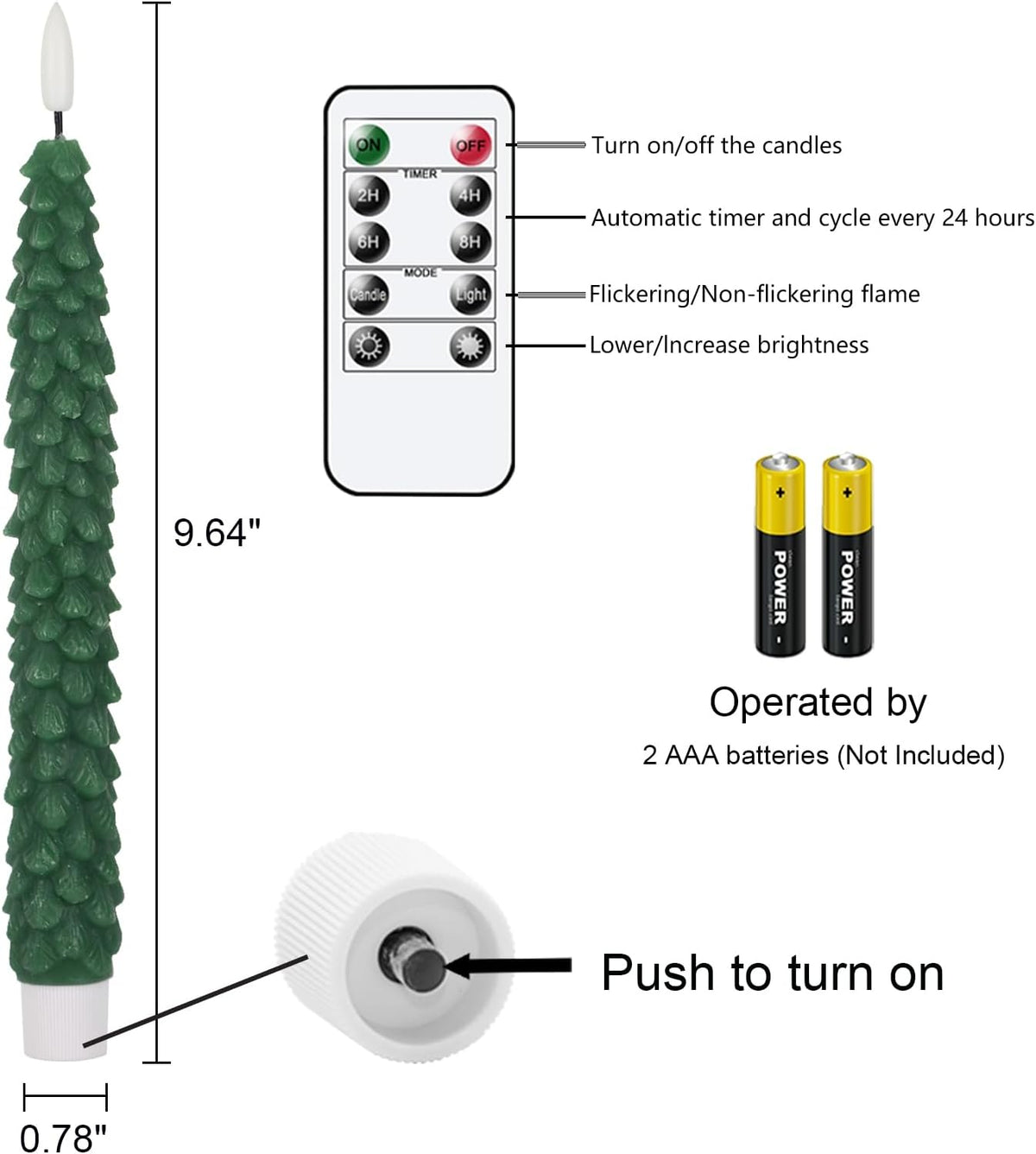 Christmas Tree Flameless Taper Candles Candlesticks Remote Timer