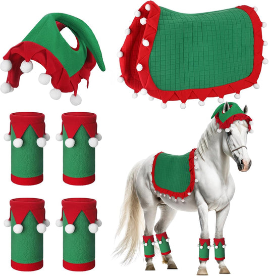6 Pcs Christmas Holiday Santa Leg Wraps with Faux Fur Trim Holiday Santa Horse Hat All Purpose Santa Saddle Pad for Christmas Horse Costume Accessories