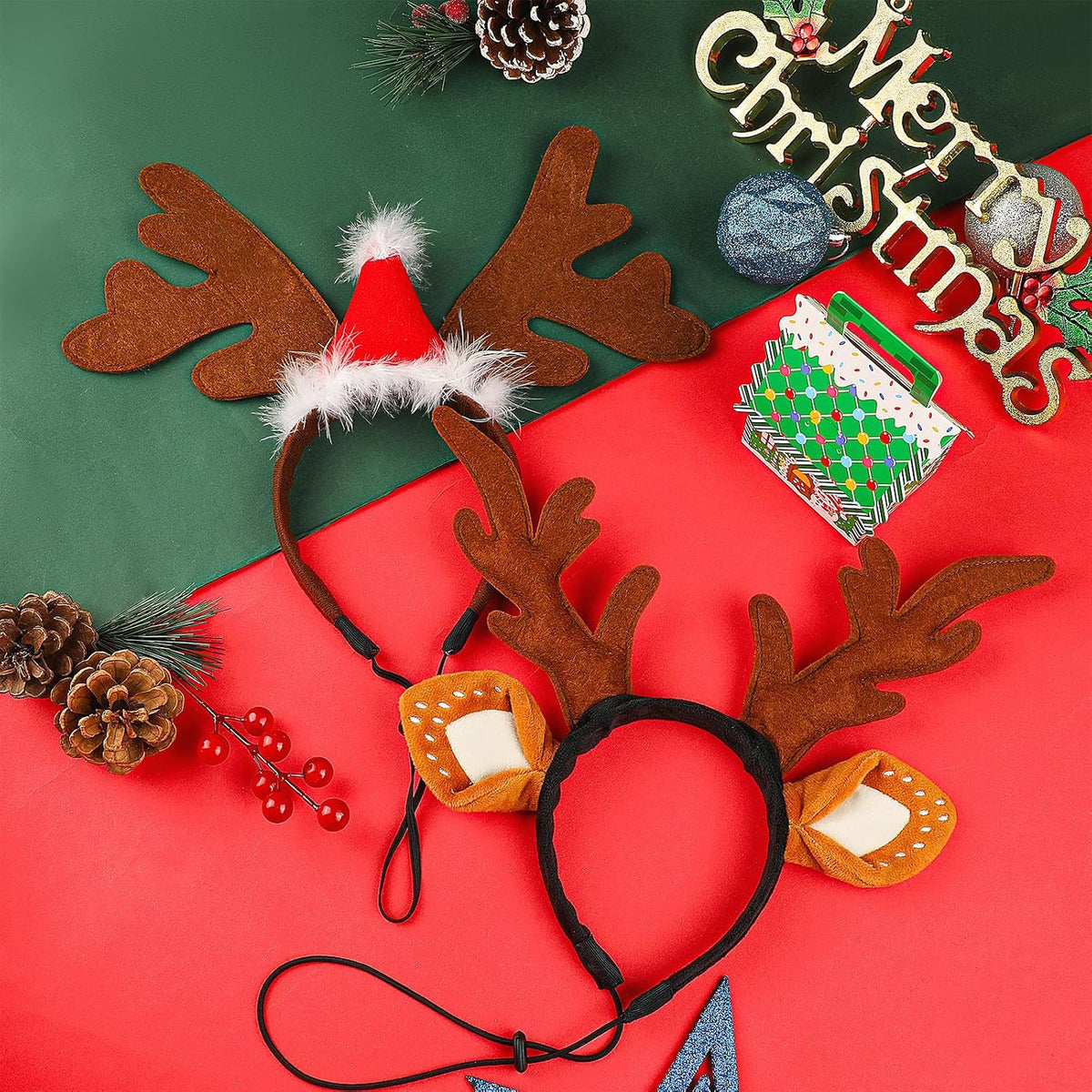 2 PCS Dog Elk Reindeer Antler Headband with Santa Hat, Pet Christmas Reindeer Antlers Headband with Adjustable Elastic Band, Xmas Elk Headwear Pet Costumes Accessories for Medium Large Dogs