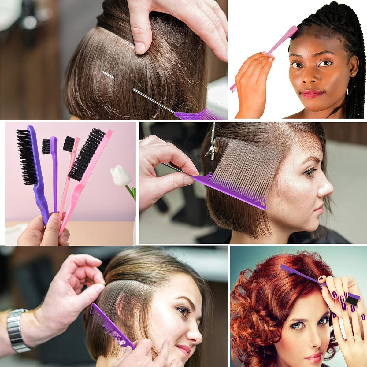 12 Pcs Hair Brush Set with Continuous Hair Spray Bottle for Women, Rat Tail Combs for Toddlers, Soft Scalp Massager, Detangling Hairbrush for Wet Dry Curly Hair (Purple)