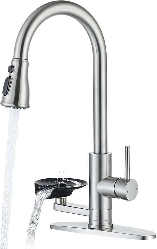 Brushed Nickel Kitchen Faucet with Glass Rinser, Pull down Sprayer with 3 Water Modes, Single Handle Stainless Steel Kitchen Sink Faucet with Deck Plate, Modern High Arc Design