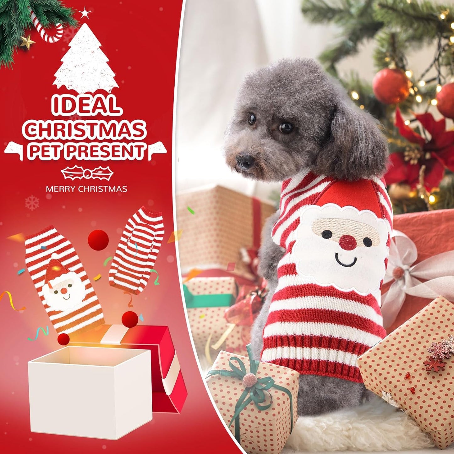 Santa Dog Sweater Christmas Funny Cute Red Striped Cat Sweater Vest Pet Holiday Dog Clothes Puppy Sweaters for Small Medium Large Dogs Cats Fall Winter Outfits Xmas Dogs Costume,Medium
