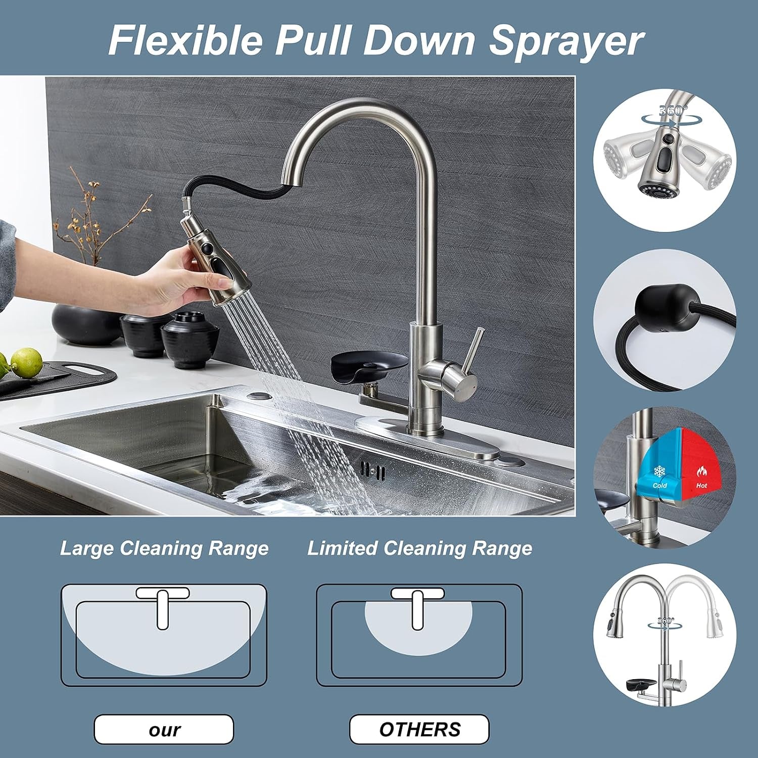 Brushed Nickel Kitchen Faucet with Glass Rinser, Pull down Sprayer with 3 Water Modes, Single Handle Stainless Steel Kitchen Sink Faucet with Deck Plate, Modern High Arc Design