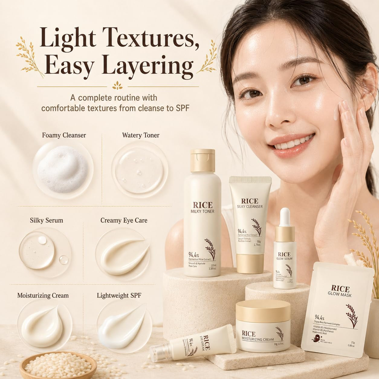 13PCS Rice Korean Skin Care Set, Korean Skincare Set, Korean Skin Care Kit - Rice Cleanser, Toner, Serum, Cream, Mask, Gua Sha & Headband, Gentle Skincare for Girls 10-12