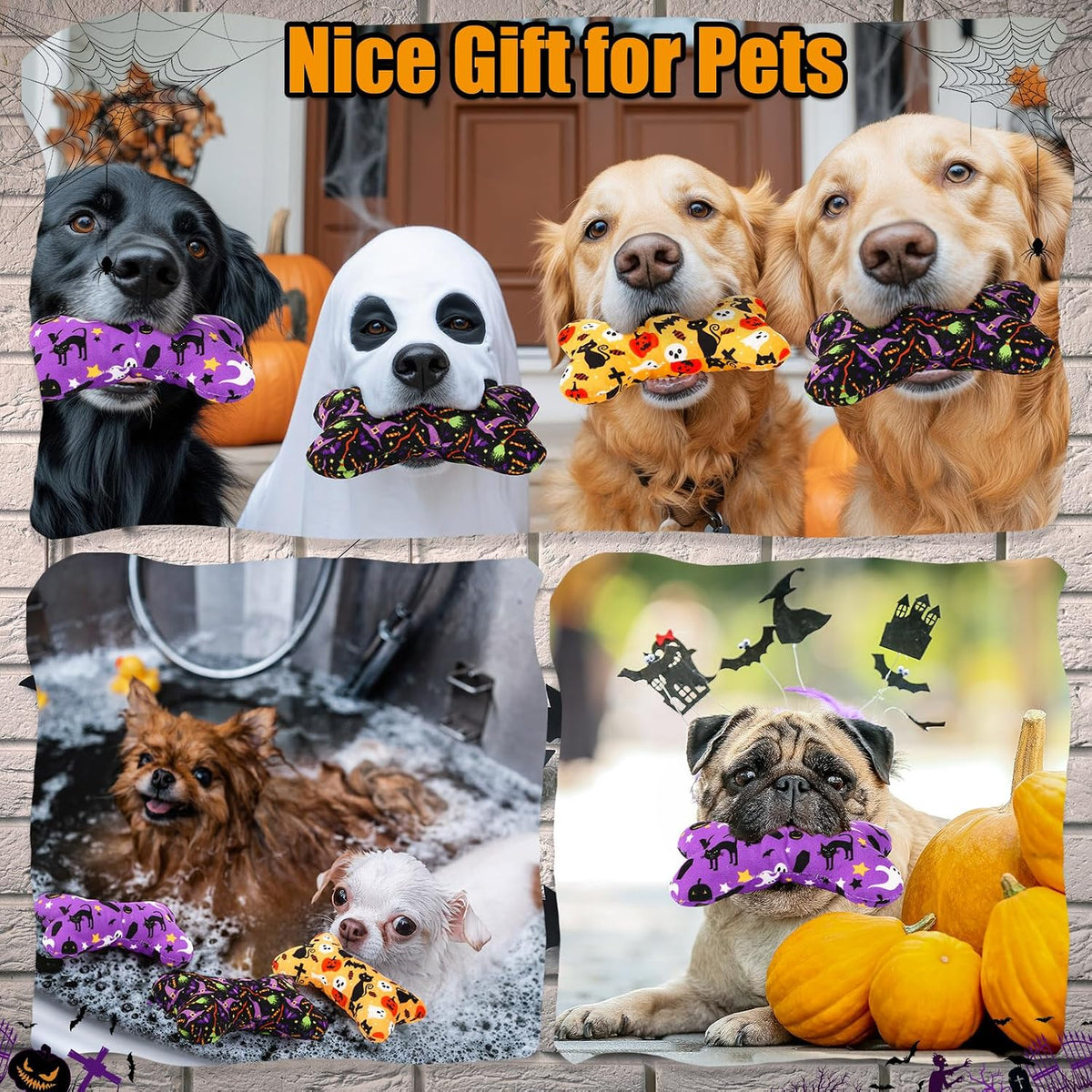 6 Pack Halloween Dog Squeaky Bone Toys Halloween Plush Interactive Dog Pets Birthday Bone Shape Stuffed Chew Toys for Puppy Small Medium Large Squeak Toss Play