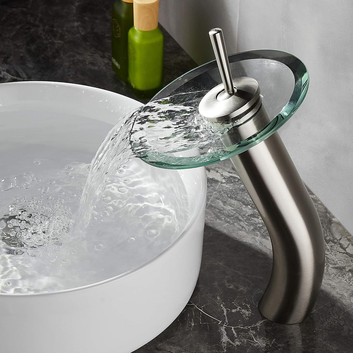 Waterfall Bathroom Faucet Glass Single Handle Solid Brass Basin Lavatory Vessel Sink Vanity Faucet,Tall,Brushed Nickel