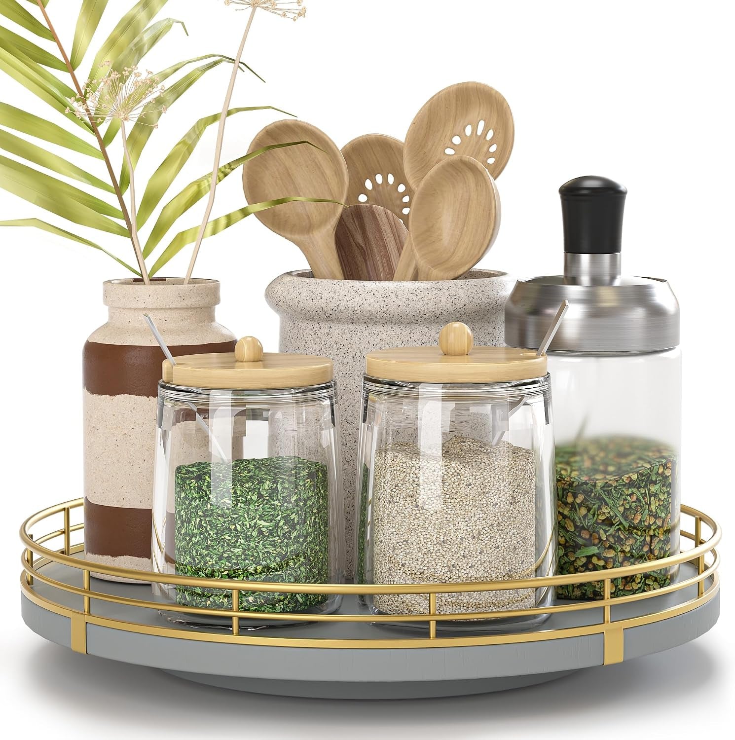 9-Inch Gray Lazy Susan Spice Organizer for Cabinet with Gold Rail