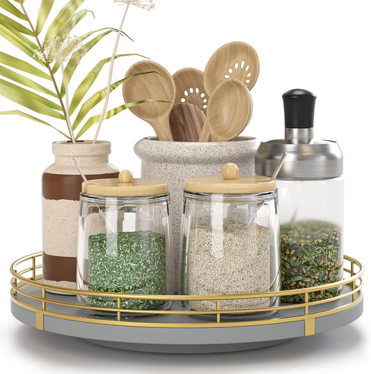 9-Inch Gray Lazy Susan Spice Organizer for Cabinet with Gold Rail