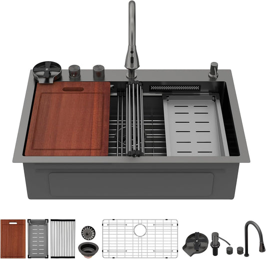 Black Waterfall Drop Kitchen Sink 33 Inch Drop in Workstation Sink
