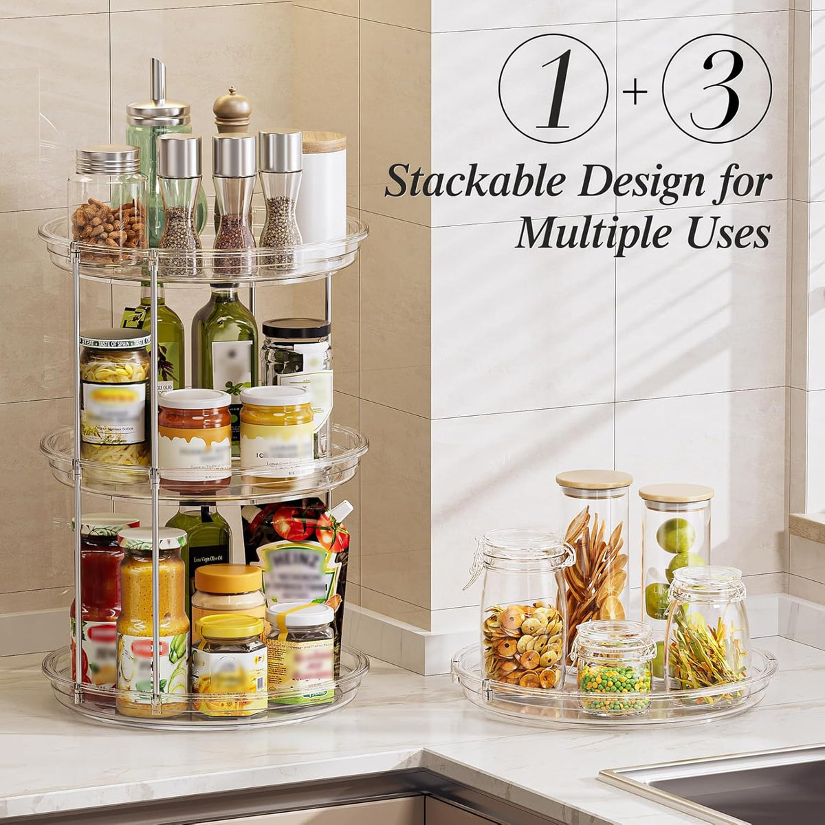 4 Pack 10.6'' 2-Tier Lazy Susan Turntable Organizer Rotating Spice Rack Organization for Cabinet, Kitchen, Pantry, Countertop, Bathroom, Vanity, Makeup Organizer, Clear
