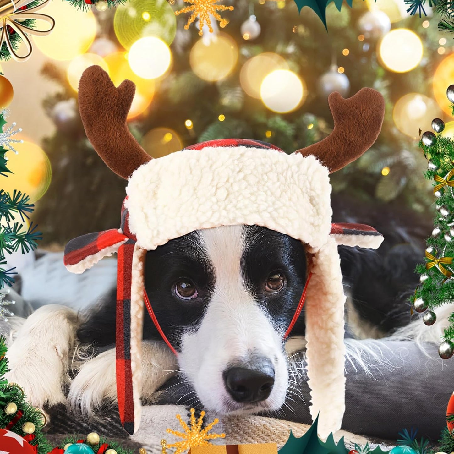 2 Pcs Christmas Antler Check Dog Santa Hat Adjustable Pet Red Plaid Pet Cap Xmas Antler Dog Hats for Small Medium Large Dogs(M)