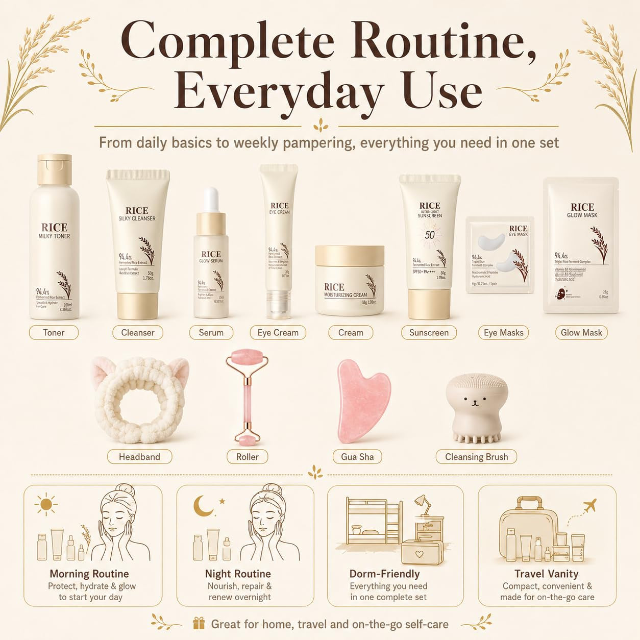 13PCS Rice Korean Skin Care Set, Korean Skincare Set, Korean Skin Care Kit - Rice Cleanser, Toner, Serum, Cream, Mask, Gua Sha & Headband, Gentle Skincare for Girls 10-12