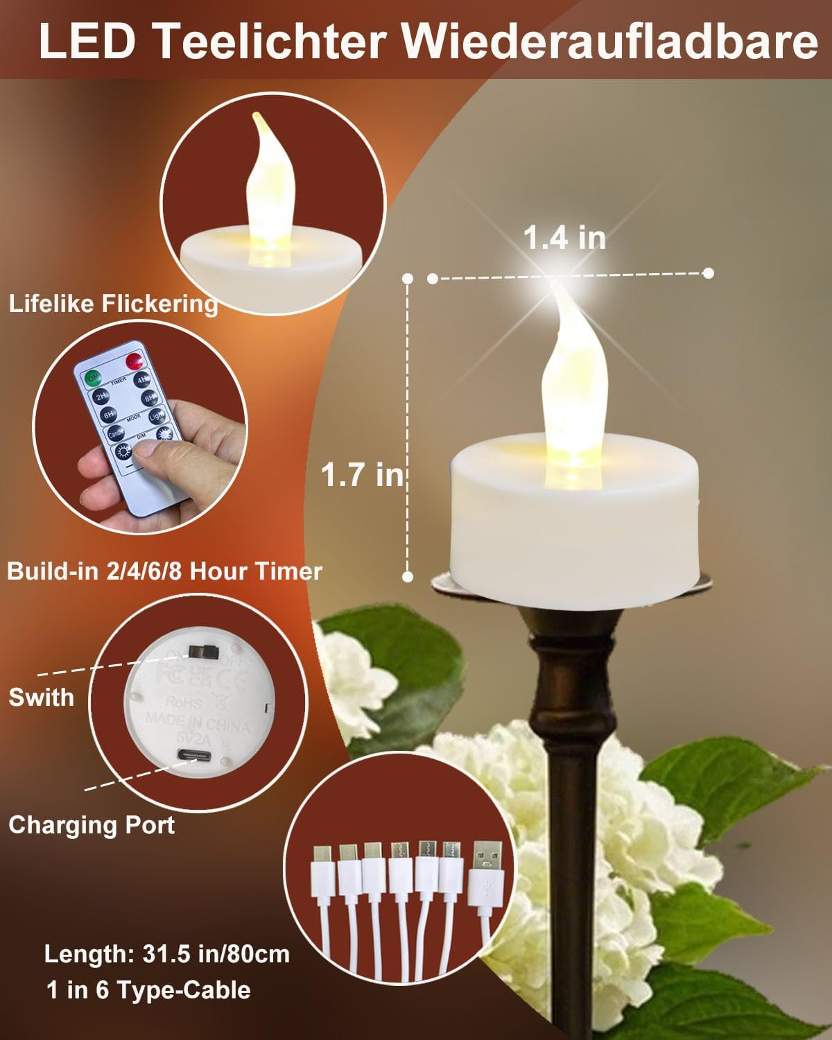 Rechargeable Candles Tea Lights with Remote Timer,Battery Operated Flameless LED Tea Lights Candles with USB Rechargeable for Halloween,Christmas,Weddings,Birthdays 6-Pack(Warm White)