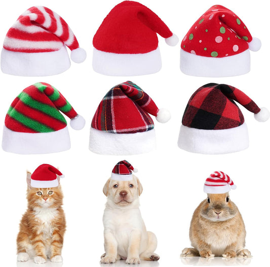 6 Pieces Pet Cat Dog Christmas Santa Hat Holiday Party Cute Costumes for Puppy Kitten Christmas Cosplay Dress up Supplies (Mixed Pattern)
