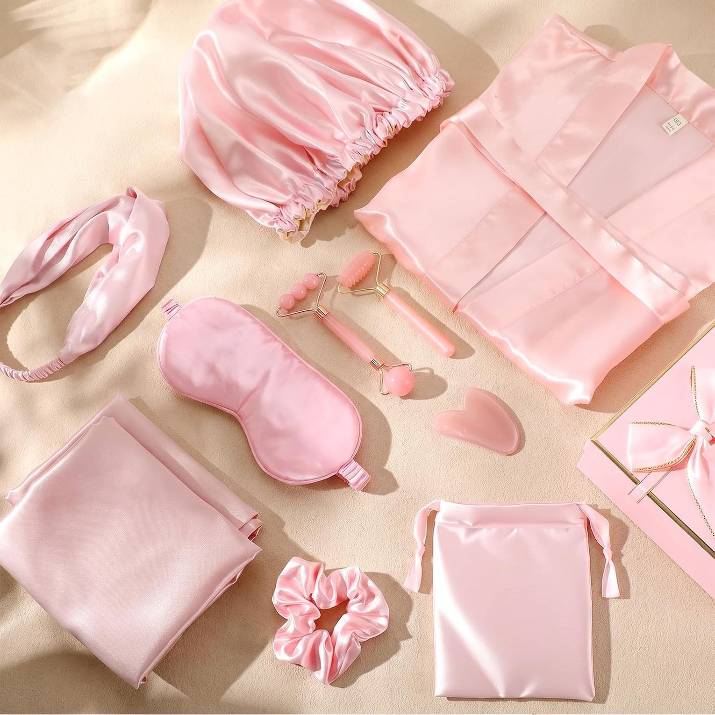 13 Pcs Birthday Gift for Women Spa Care Set Satin Robe, Silk Bonnet, Face Roller Sleep Essentials for Girls Mom(Pink)