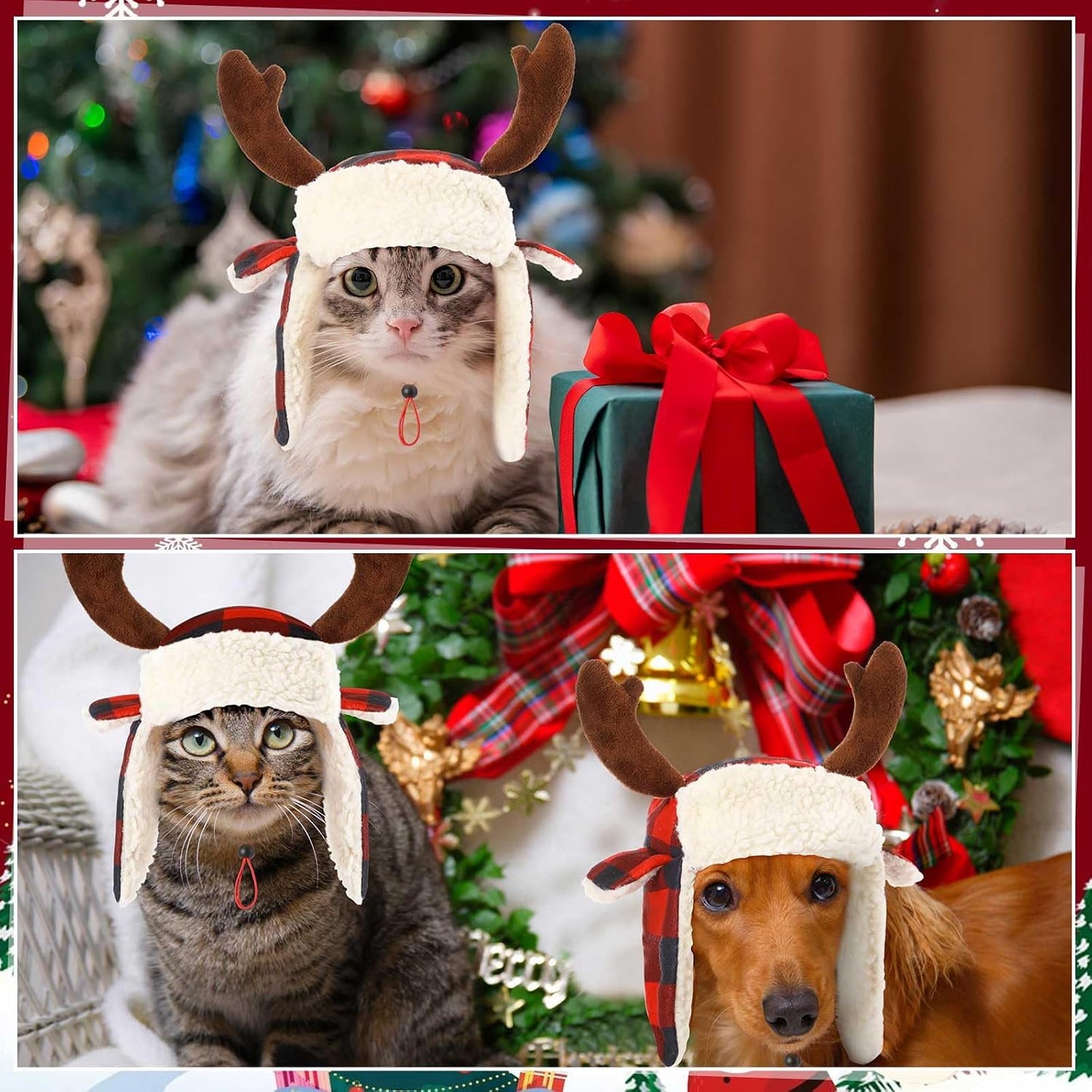 2 Pcs Christmas Antler Check Dog Santa Hat Adjustable Pet Red Plaid Pet Cap Xmas Antler Dog Hats for Small Medium Large Dogs(M)